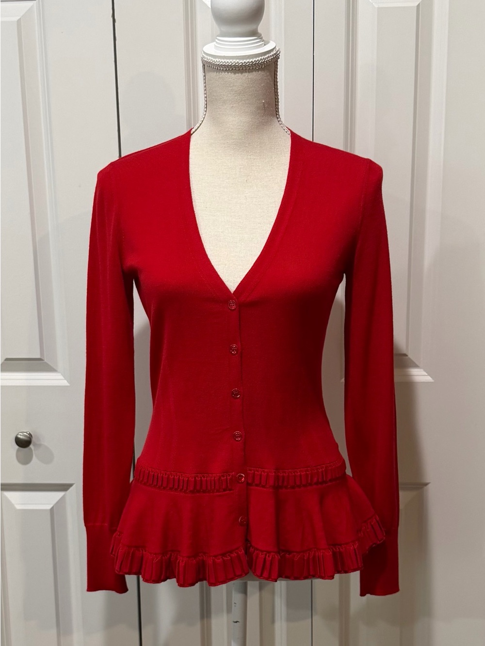 Alexander McQueen Red Women's V-Neck Ruffle Hem Cardigan Sweater